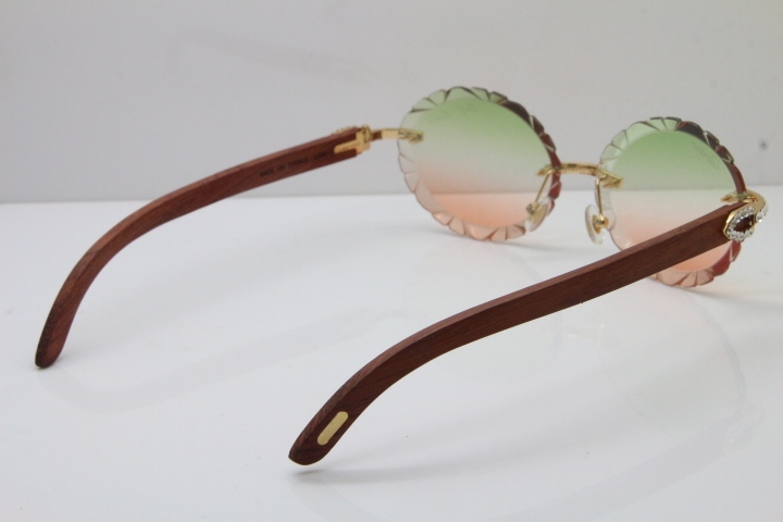 Cartier Big Stones Original Wood T8200761 Rimless Sunglasses In Gold Green Mix Brown Carved Lens