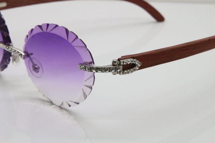 Cartier Big Stones Original Wood T8200761 Rimless Sunglasses In Gold Purple Carved Lens