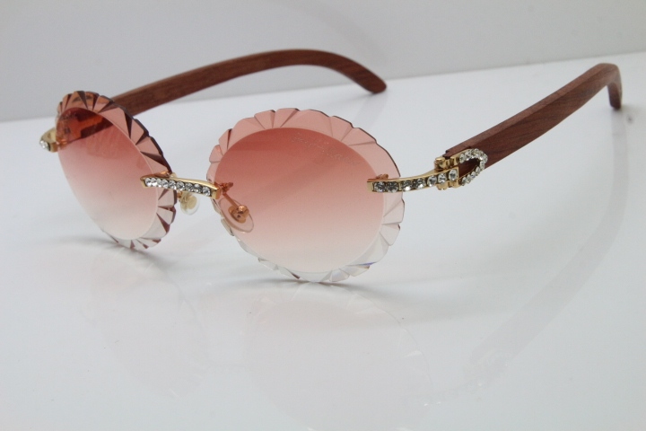 Cartier Big Stones Original Wood T8200761 Rimless Sunglasses In Gold Pink Carved Len