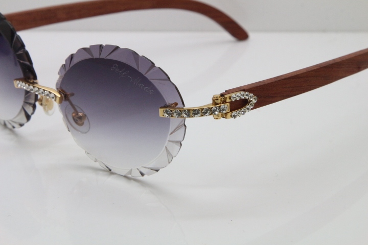 Cartier Big Stones Original Wood T8200761 Rimless Sunglasses In Gold Gray Carved Lens