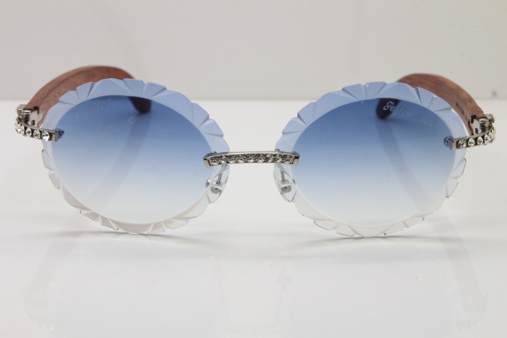 Cartier Big Stones Original Wood T8200761 Rimless Sunglasses In Gold Blue Carved Lens