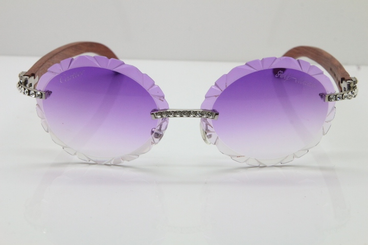 Cartier Big Stones Original Wood T8200761 Rimless Sunglasses In Gold Purple Carved Lens