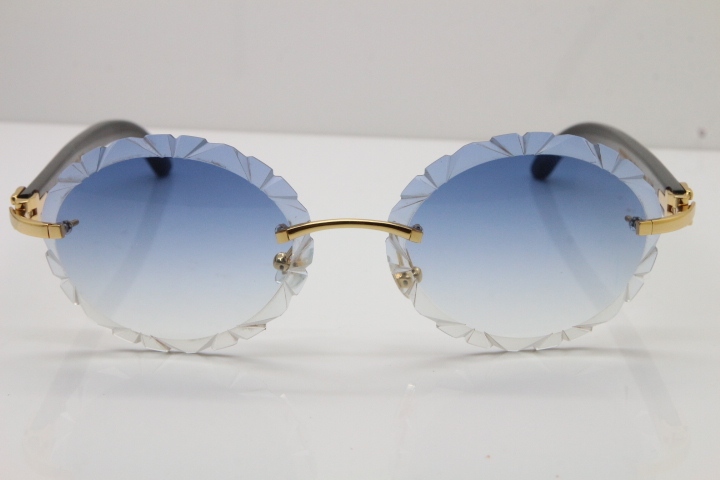 Cartier  Original Black Buffalo Horn T8200761 Rimless Sunglasses In Gold Blue Carved Lens
