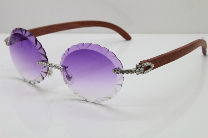 Cartier Big Stones Original Wood T8200761 Rimless Sunglasses In Gold Purple Carved Lens