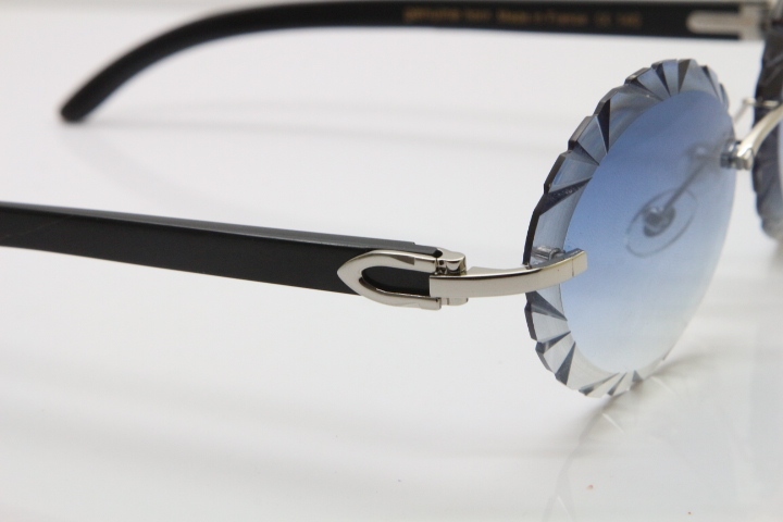Cartier  Original Black Buffalo Horn T8200761 Rimless Sunglasses In Gold Blue Carved Lens