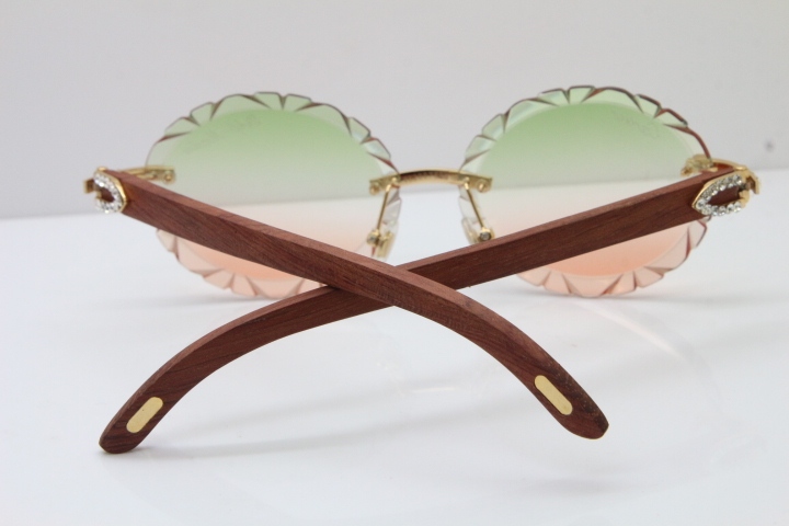 Cartier Big Stones Original Wood T8200761 Rimless Sunglasses In Gold Green Mix Brown Carved Lens