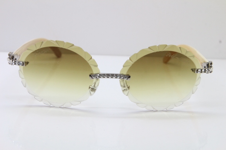 Cartier Big Stones White Genuine Natural Horn T8200761 Rimless Sunglasses In Gold Brown Carved Lens