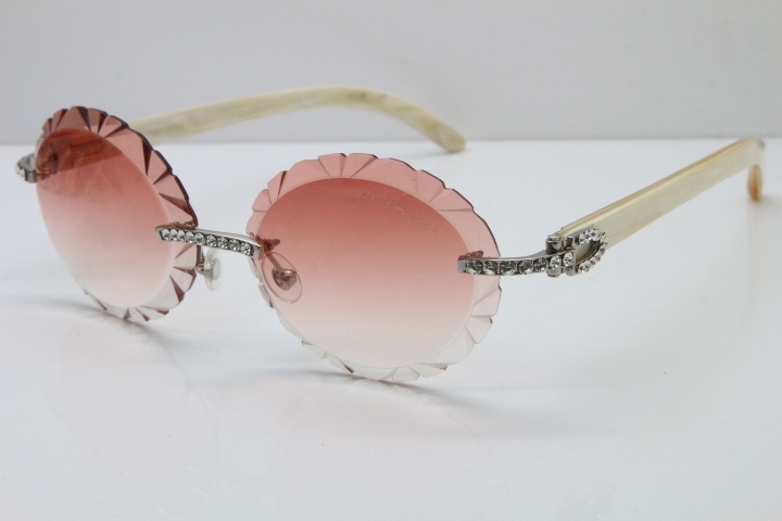 Cartier Big Stones White Genuine Natural Horn T8200761 Rimless Sunglasses In Gold Pink Carved Lens