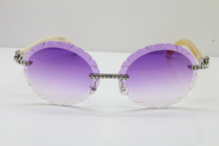 Cartier Big Stones White Genuine Natural Horn T8200761 Rimless Sunglasses In Gold Purple Carved Lens