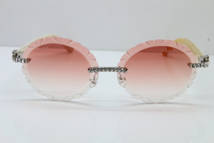 Cartier Big Stones White Genuine Natural Horn T8200761 Rimless Sunglasses In Gold Pink Carved Lens