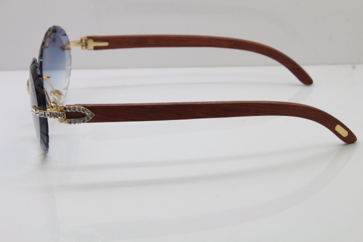 Cartier Big Stones Original Wood T8200761 Rimless Sunglasses In Gold Blue Carved Lens