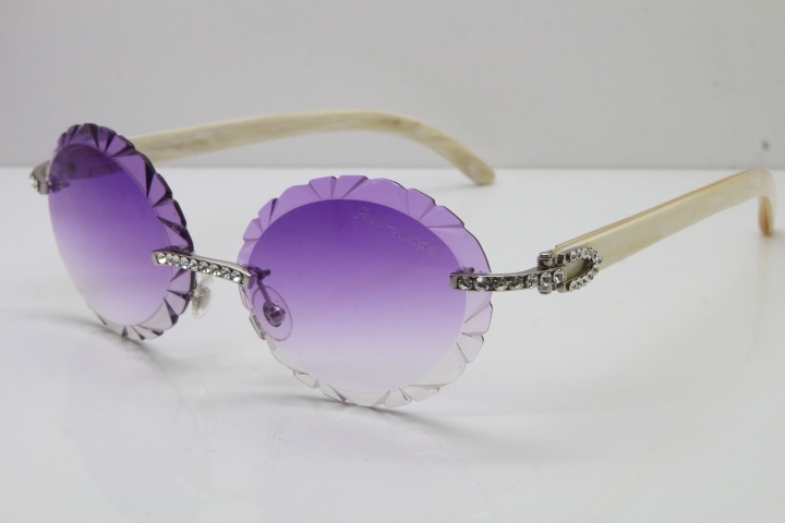 Cartier Big Stones White Genuine Natural Horn T8200761 Rimless Sunglasses In Gold Purple Carved Lens