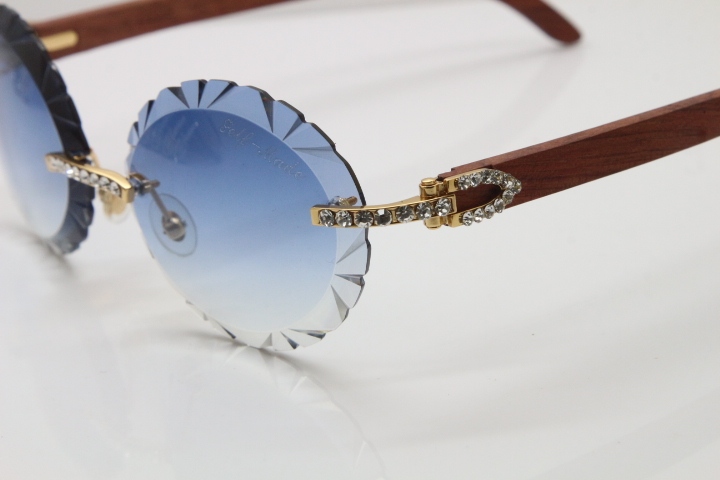 Cartier Big Stones Original Wood T8200761 Rimless Sunglasses In Gold Blue Carved Lens