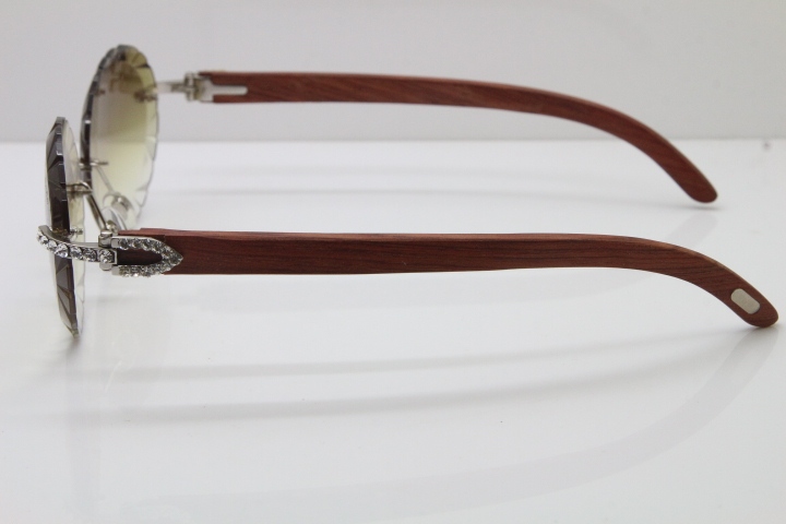 Cartier Big Stones Original Wood T8200761 Rimless Sunglasses In Gold Brown Carved Lens