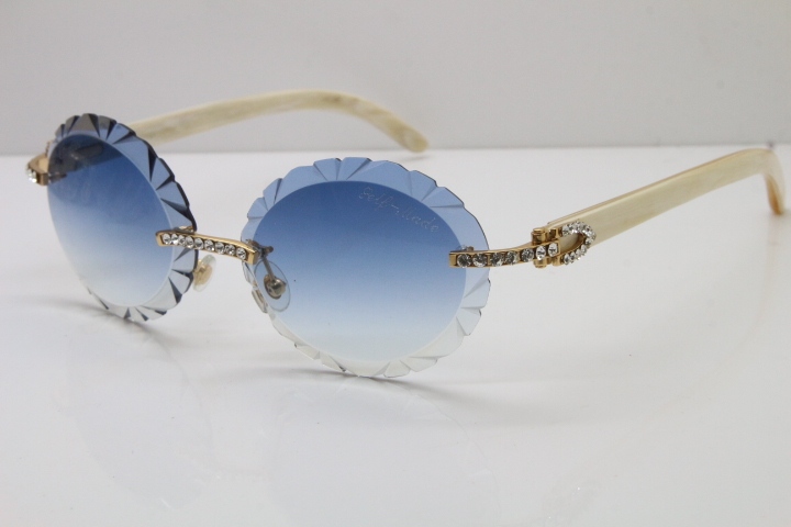 Cartier Big Stones White Genuine Natural Horn T8200761 Rimless Sunglasses In Gold Blue Carved Lens