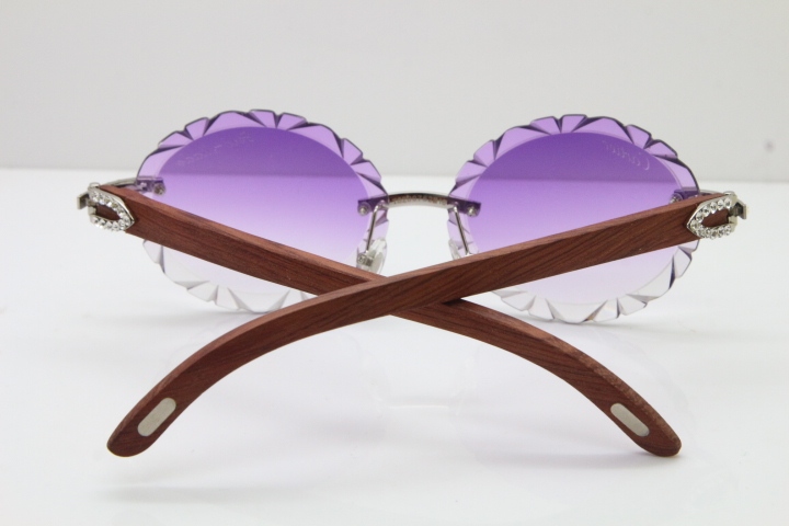 Cartier Big Stones Original Wood T8200761 Rimless Sunglasses In Gold Purple Carved Lens