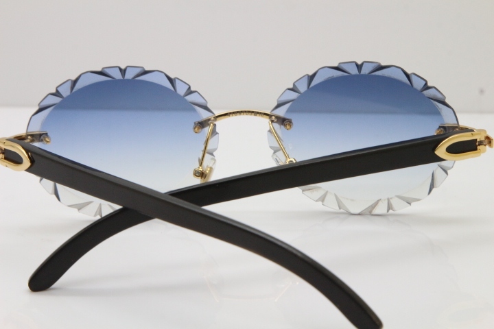 Cartier  Original Black Buffalo Horn T8200761 Rimless Sunglasses In Gold Blue Carved Lens