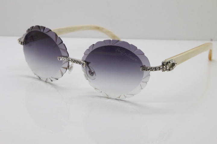 Cartier Big Stones White Genuine Natural Horn T8200761 Rimless Sunglasses In Gold Gray Carved Lens