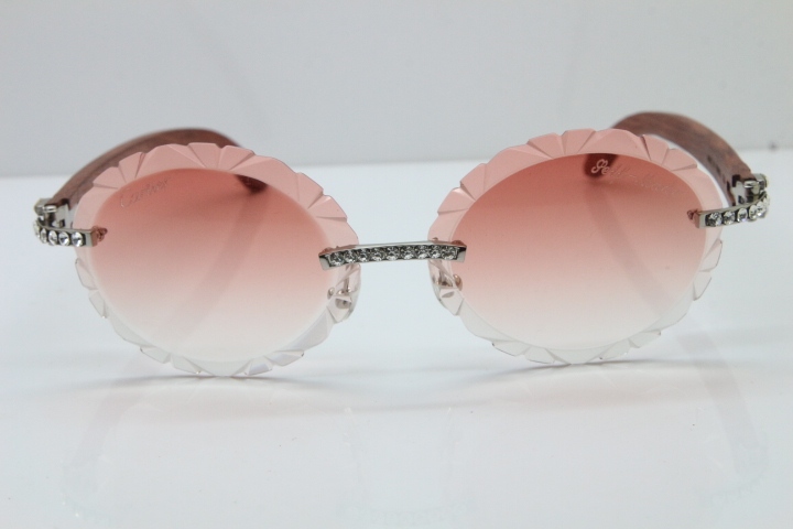 Cartier Big Stones Original Wood T8200761 Rimless Sunglasses In Gold Pink Carved Len