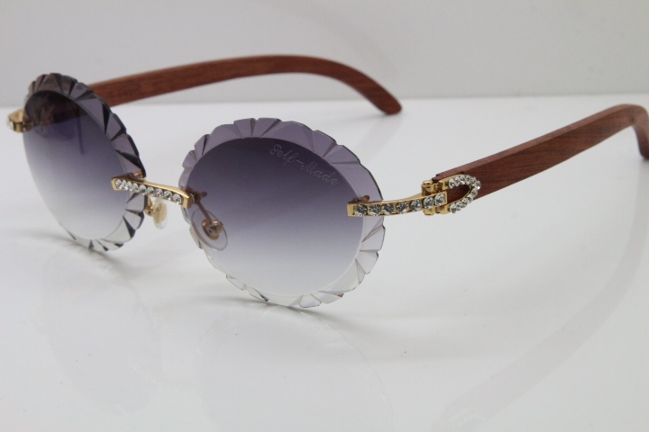 Cartier Big Stones Original Wood T8200761 Rimless Sunglasses In Gold Gray Carved Lens