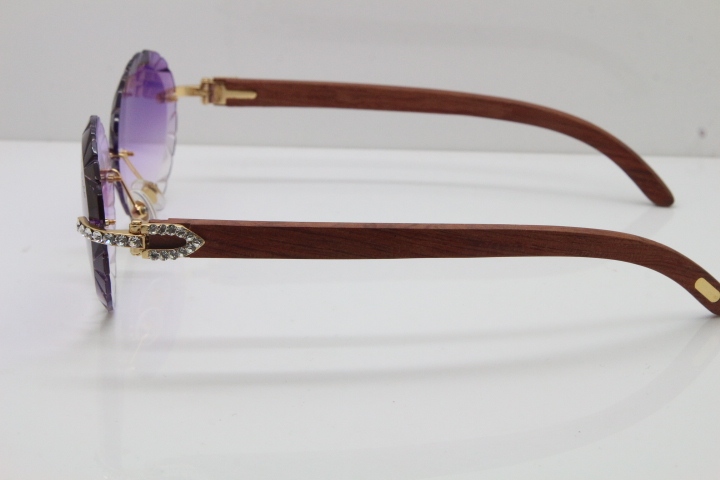 Cartier Big Stones Original Wood T8200761 Rimless Sunglasses In Gold Purple Carved Lens