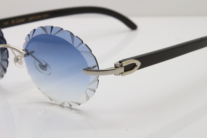 Cartier  Original Black Buffalo Horn T8200761 Rimless Sunglasses In Gold Blue Carved Lens