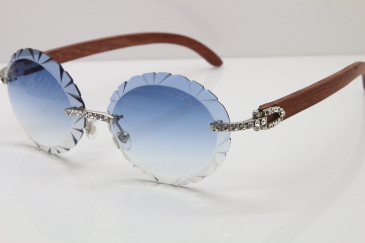 Cartier Big Stones Original Wood T8200761 Rimless Sunglasses In Gold Blue Carved Lens