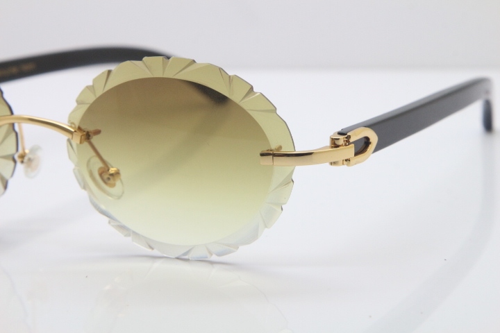 Cartier Rimless Original Black Buffalo Horn T8200761 Sunglasses In Gold Brown Carved Lens