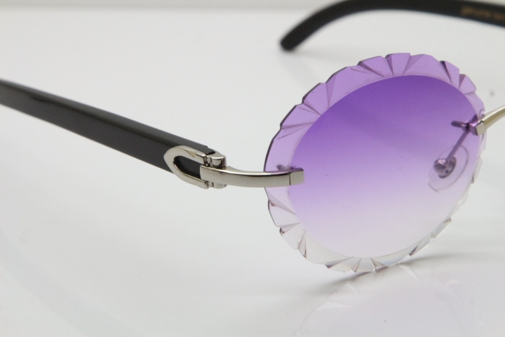 Cartier Rimless Original Black Buffalo Horn T8200761 Sunglasses In Gold Purple Carved Lens