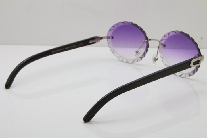 Cartier Rimless Original Black Buffalo Horn T8200761 Sunglasses In Gold Purple Carved Lens