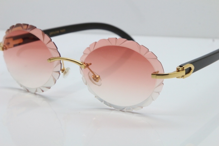 Cartier Rimless Original Black Buffalo Horn T8200761 Sunglasses In Gold Pink Carved Lens