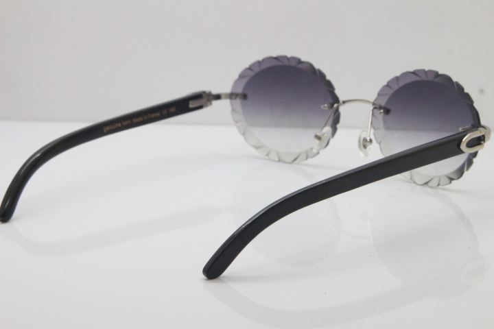 Cartier Rimless Original Black Buffalo Horn T8200761 Sunglasses In Gold Gray Carved Lens