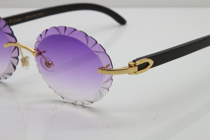 Cartier Rimless Original Black Buffalo Horn T8200761 Sunglasses In Gold Purple Carved Lens