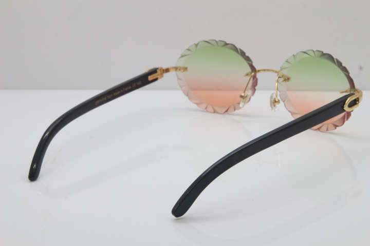 Cartier Rimless Original Black Buffalo Horn T8200761 Sunglasses In Gold Green Mix Brown Carved Lens