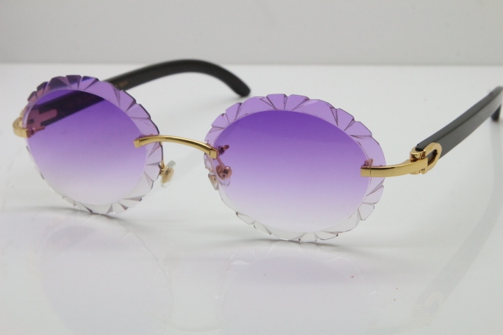 Cartier Rimless Original Black Buffalo Horn T8200761 Sunglasses In Gold Purple Carved Lens