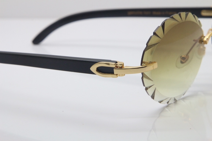 Cartier Rimless Original Black Buffalo Horn T8200761 Sunglasses In Gold Brown Carved Lens