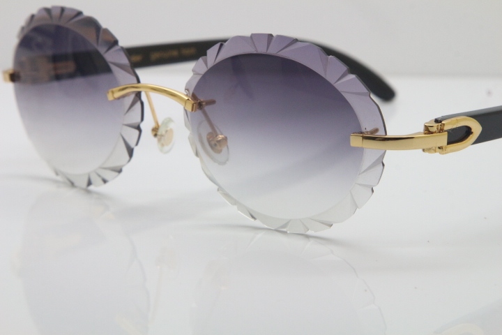 Cartier Rimless Original Black Buffalo Horn T8200761 Sunglasses In Gold Gray Carved Lens