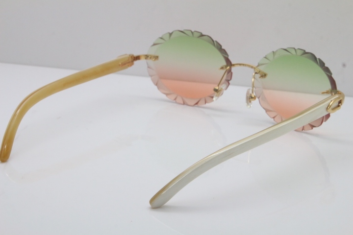 Cartier Rimless Original Genuine Natural Horn T8200761 Sunglasses In Gold Green Mix Brown Carved Lens