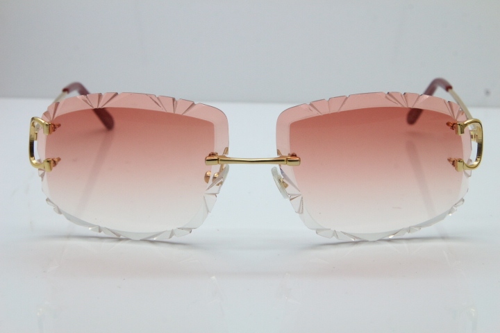 Cartier Rimless Metal Original T8200762 Sunglasses in Gold Pink Carved Lens