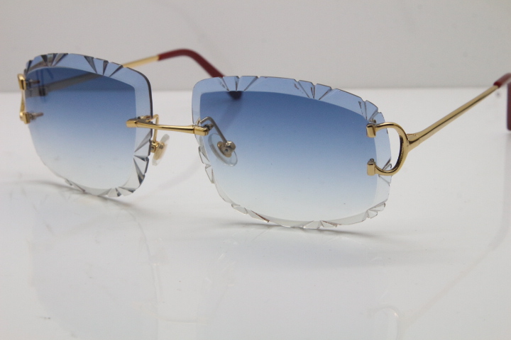 Cartier Rimless Metal Original T8200762 Sunglasses In Gold Blue Carved Lens 