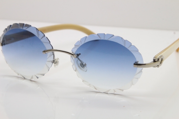 Cartier Rimless Original Genuine Natural Horn T8200761 Sunglasses In Gold Blue Carved Lens