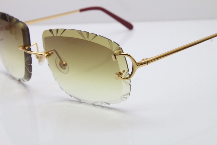 Cartier Rimless Metal Original T8200762 Sunglasses in Gold Brown Carved Lens