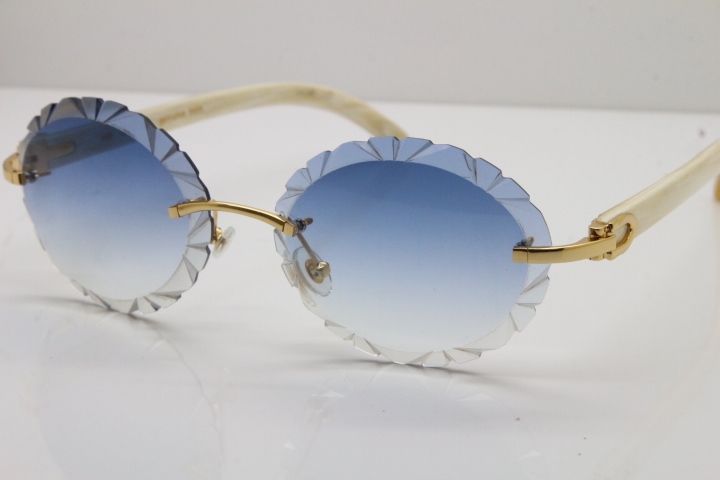 Cartier Rimless Original Genuine Natural Horn T8200761 Sunglasses In Gold Blue Carved Lens