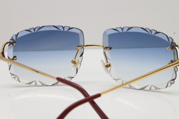 Cartier Rimless Metal Original T8200762 Sunglasses in Gold Blue Carved Lens