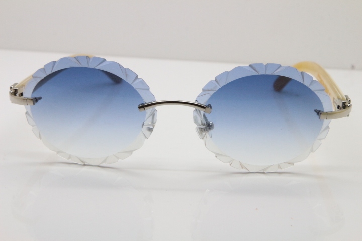 Cartier Rimless Original Genuine Natural Horn T8200761 Sunglasses In Gold Blue Carved Lens