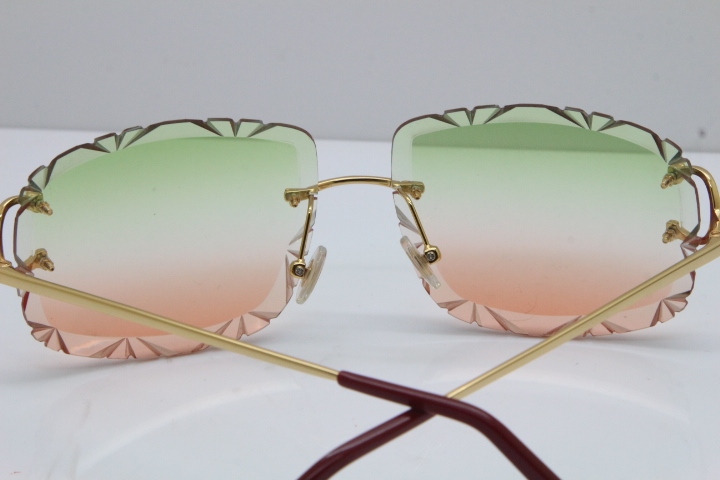 Cartier Rimless Metal Original T8200762 Sunglasses in Gold Green Mix Brown Carved Lens