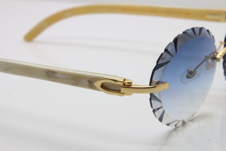 Cartier Rimless Original Genuine Natural Horn T8200761 Sunglasses In Gold Blue Carved Lens