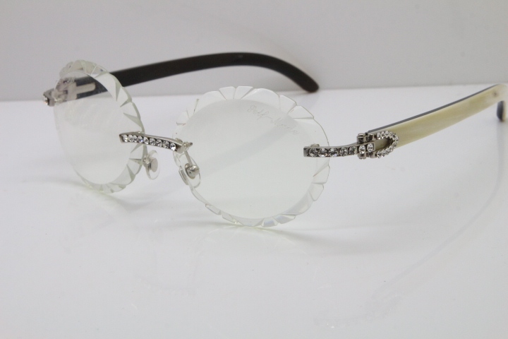 Cartier Big Stones White Inside Black Buffalo Horn T8200761 Rimless Optical In Silver Transparent Carved Lens