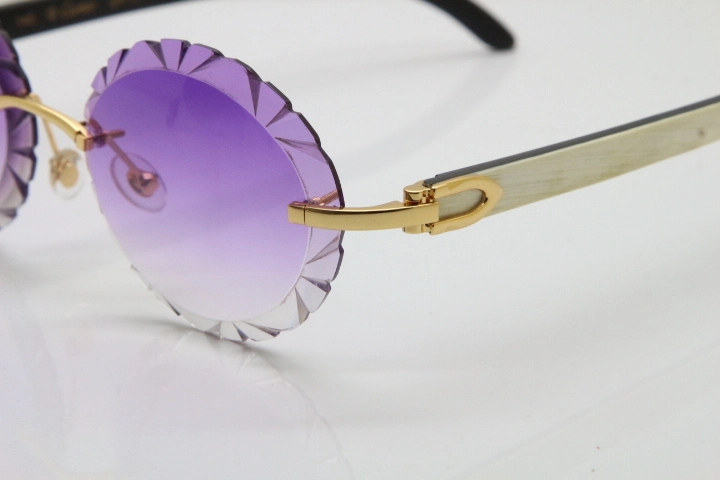 Cartier Rimless Original White Inside Black Buffalo Horn T8200761 Sunglasses in Gold Purple Carved Lens