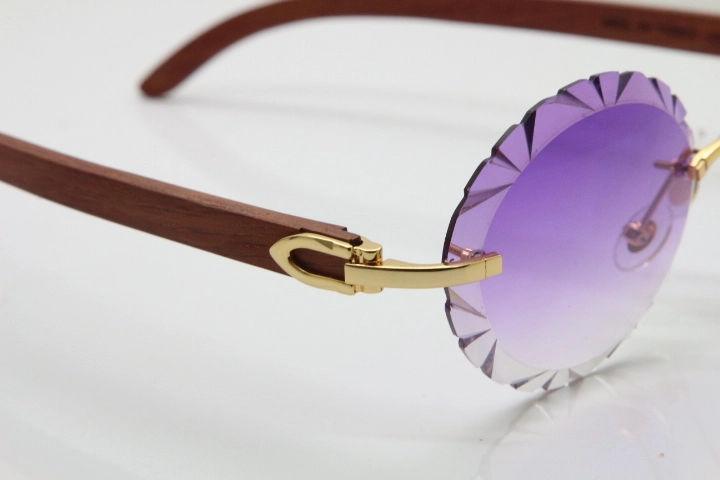 Cartier Rimless Original Wood T8200761 Sunglasses in Gold Purple Carved Lens